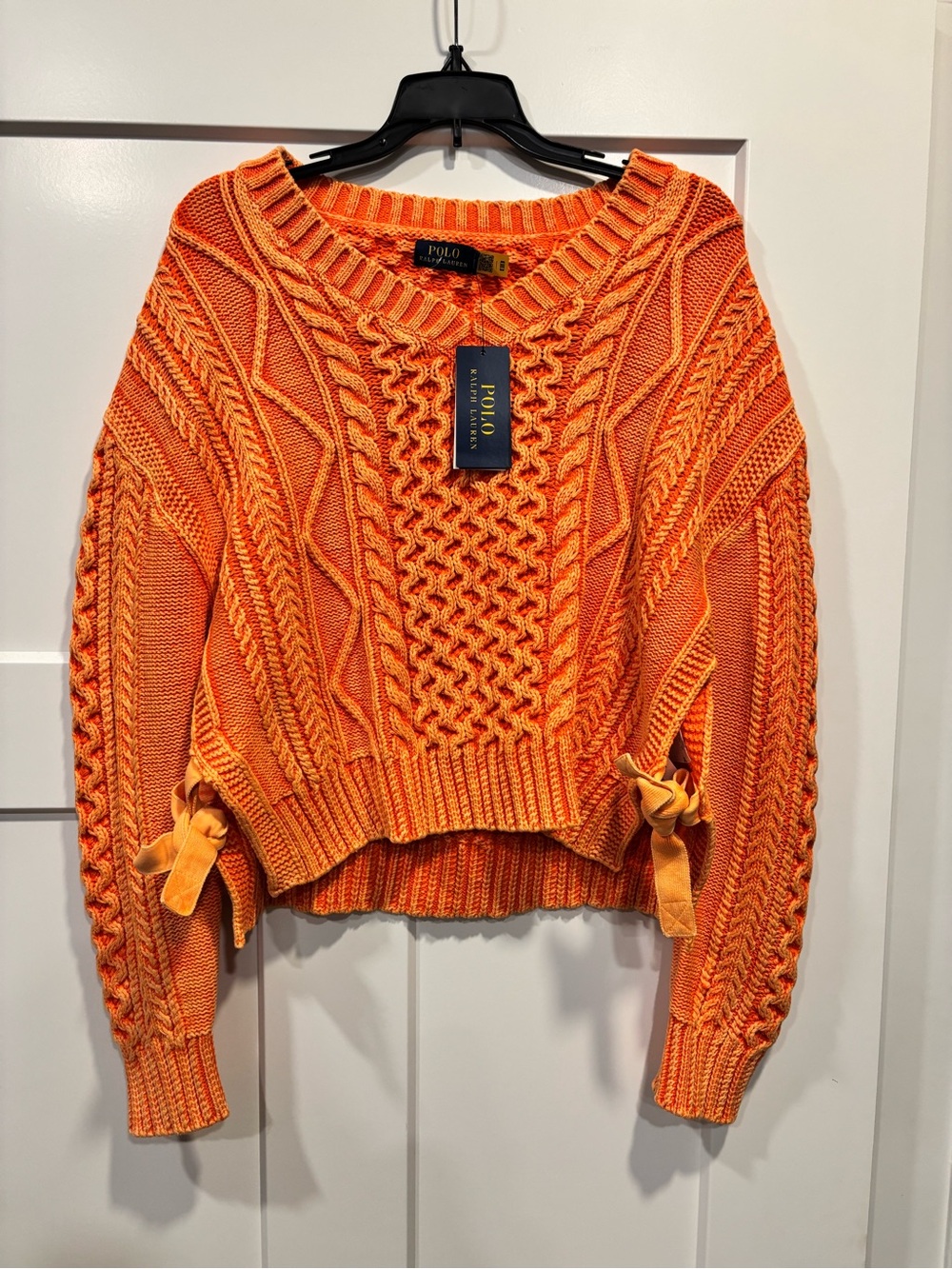 NWT Polo Ralph Lauren Orange 100% Cotton Cable Knit Cropped Sweater Size Large